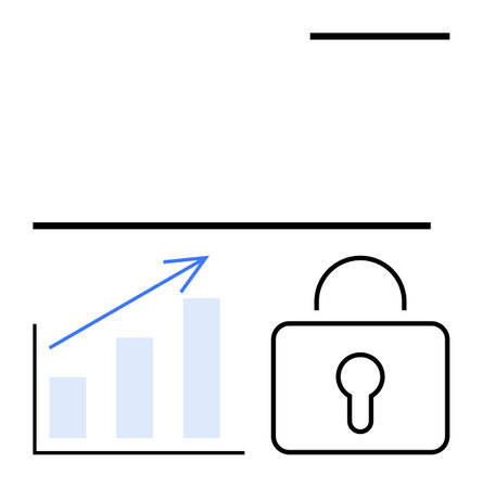 Bar chart with upward arrow conveys progress and growth alongside a padlock representing data protection. Ideal for data security, privacy, growth analysis, business, technology, cybersecurityのイラスト素材