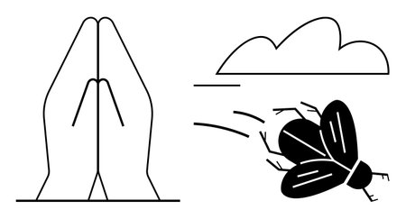 Hands clasped in prayer gesture face a flying insect and drifting cloud. Ideal for spirituality, mindfulness, nature, simplicity, meditation, faith, harmony concepts. Evokes flat simple metaphorのイラスト素材