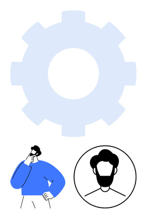 Man thinking with bold gear symbol above and circular profile icon suggest thoughtful analysis and optimization. Ideal for strategy, planning, work process, problem-solving, creativityのイラスト素材
