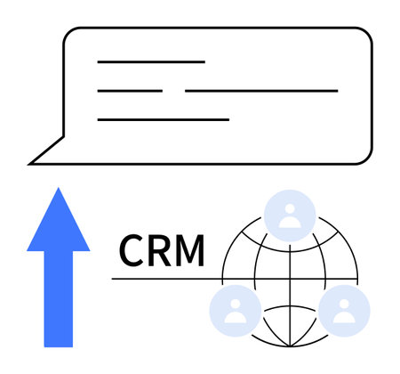 Speech bubble, upward arrow, CRM text, and user icons on a globe. Ideal for customer management, communication, growth strategy, networking, collaboration technology advancement global businessのイラスト素材