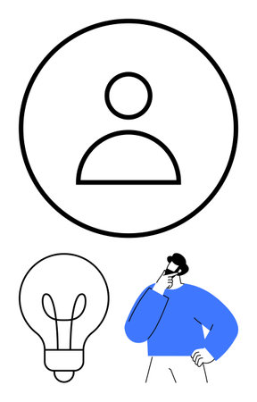 Profile icon, lightbulb, and thoughtful man in blue gesture conceptualize ideas, brainstorming, and innovation. Ideal for creativity, problem-solving, leadership, personal growth decision-makingのイラスト素材