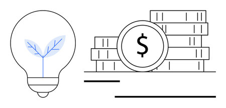 Lightbulb with growing plant next to stacked coins representing eco-friendly innovation and investment. Ideal for sustainability, green energy, financial growth, eco-business, economy, investmentのイラスト素材