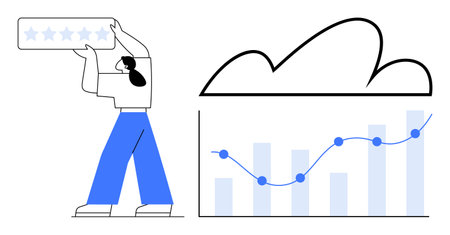 Individual raising a star rating panel, growth chart with bar and line trends, cloud overhead. Ideal...