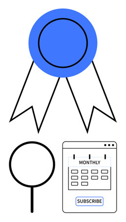 Blue ribbon symbolizing achievement, magnifying glass representing search, monthly subscription page...