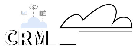 Letters CRM beside cloud, analytics chart, workflow settings, and calendar icon. Ideal for business processes, data management, customer relations, team collaboration, analytics scheduling flatのイラスト素材