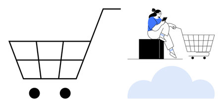 Woman sitting on cube with tablet, next to oversized shopping cart. Tablet usage, connected cloud, simple lines, minimal colors. Ideal for online shopping, e-commerce, cloud services technologyのイラスト素材