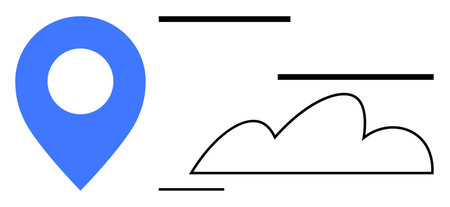 Blue location pin next to thin-line cloud and dynamic lines indicating travel, navigation, connection, technology, global reach, simplicity, and modern design. Ideal for digital apps, GPS flatのイラスト素材