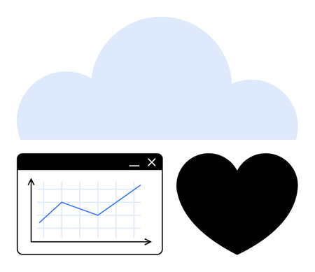 Cloud with analytics graph and heart exploring digital data, health tracking, connection. Ideal for technology, cloud storage, health, wellness, business, data analysis teamwork concepts flatのイラスト素材