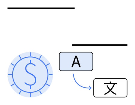 Dollar coin next to A and translated character with arrow suggesting currency exchange and multilingual communication. Ideal for global trade, finance, linguistics, e-commerce, localization, economyのイラスト素材