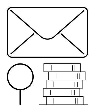 Envelope symbolizing communication, magnifying glass for search or analysis, and books for knowledge. Ideal for education, research, email, information exchange, learning study investigation. Flatのイラスト素材