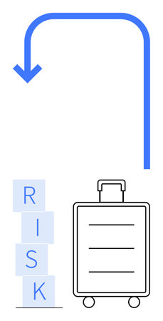 Blue downward arrow arches over suitcase and stacked RISK blocks. Ideal for travel safety, decision-making, risk management, logistics, business planning, preparation, abstract line flat metaphorのイラスト素材