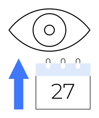 Eye above calendar with date 27 and upward blue arrow signifying attention, progress, or upcoming events. Ideal for deadlines, planning, monitoring, focus, productivity strategy growth. Clean flatのイラスト素材