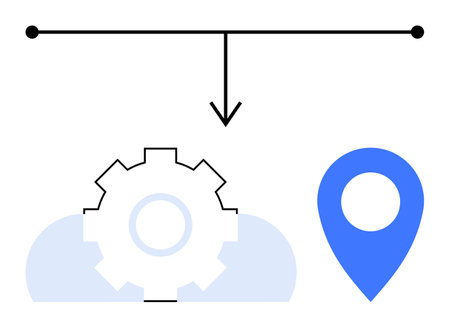 Gear inside a cloud linked to a location marker via downward arrow. Ideal for cloud computing, integration, navigation, technology, data transfer, workflow, or system automation. Flat simple metaphorのイラスト素材