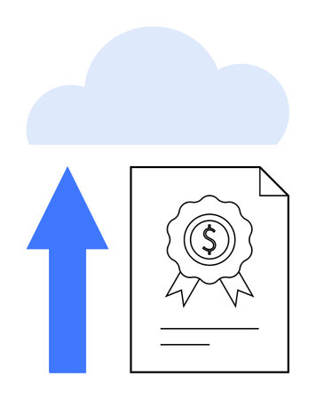 Cloud with upward arrow next to a financial document featuring a dollar badge. Ideal for cloud storage, finance, data security, digital business, online processing, file sharing, flat simple metaphorのイラスト素材
