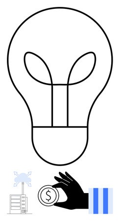 Lightbulb outline suggesting ideas, hand holding coin for funding, wind turbine, data server. Ideal for sustainability, clean energy, eco-investments, technology, innovation brainstorming renewableのイラスト素材