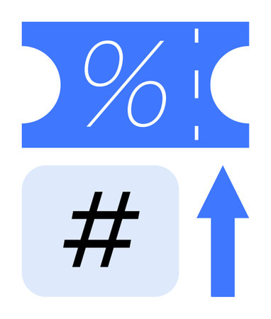 Blue ticket with percentage, metadata tag block, and upward arrow symbolizing discounts, social media trends, and growth. Ideal for marketing, sales, e-commerce, promotions campaigns analyticsのイラスト素材