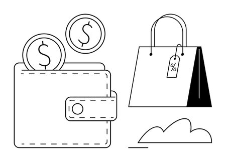 Wallet with two coins, shopping bag with sale tag, and minimalist cloud. Ideal for finance, budgeting, shopping, e-commerce, savings retail offers. Simple flat metaphorのイラスト素材