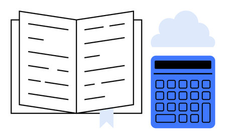 Open book with ribbon bookmark, blue calculator, and cloud graphic symbolize learning, education, technology, and data. Ideal for education, bookkeeping, digital tools finance study resourcesのイラスト素材