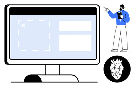 Monitor displaying wireframe layout with text placeholders, presenter pointing and explaining concept, black anatomical heart graphic. Ideal for medical tech, education, healthcare, design, anatomyのイラスト素材