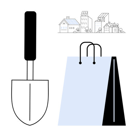 Gardening tool and shopping bag emphasizing sustainable living themes, eco-conscious consumerism, and renewable energy housing. Ideal for sustainability, gardening, shopping, eco-consciousness, urbanのイラスト素材
