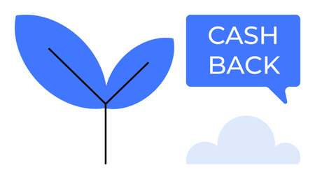 Blue leaves forming a branch with a cloud and CASH BACK text inside a speech bubble. Ideal for environmental campaigns, green marketing, financial promotions, savings opportunities, ecologicalのイラスト素材