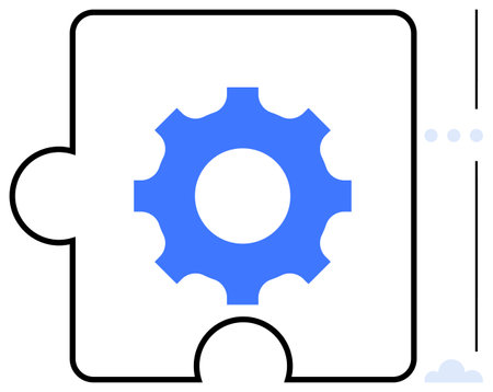 Blue gear inside puzzle piece emphasizing teamwork, integration, efficiency, cooperation, strategy, connection, solutions. Ideal for innovation, technology process mechanics planning flat simpleのイラスト素材