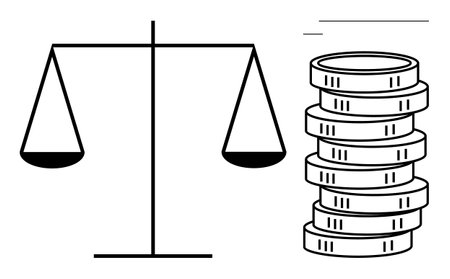 Balance scales paired with stacked coins conveying financial justice, decision-making, or cost assessment. Ideal for equality, fairness, wealth management, budgeting, economics, law investmentsのイラスト素材