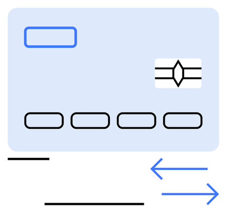 Credit card with chip and minimalist arrows indicating direction of data flow. Ideal for finance, banking, e-commerce, transactions, digital payments, fintech, online shopping. Flat simple metaphorのイラスト素材