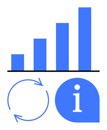 Vertical bar chart indicating growth, circular arrows denoting process or continuity, and a blue information icon. Ideal for analytics, statistics, progress, process, data visualization, guidanceのイラスト素材