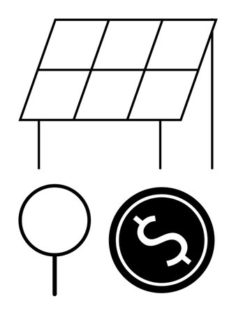 Solar panel standing upright, magnifying glass symbolizing analysis, and dollar coin representing...