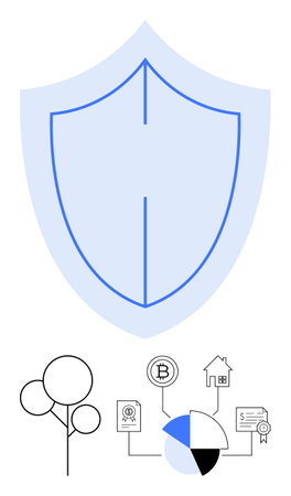 Shield symbolizing protection above icons for tree, cryptocurrency, pie chart, home, documents. Ideal for security, insurance, finance data privacy investment stability risk management. Flatのイラスト素材