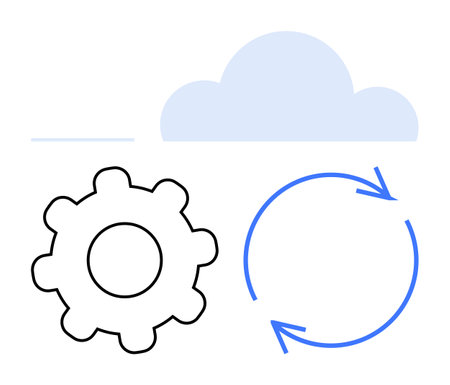 Gear, circular arrows, and cloud symbolizing process automation, data synchronization, and cloud computing. Ideal for automation, cloud storage, technology, networking workflow softwareのイラスト素材