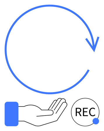 Blue circular arrow, open palm hand, and recording button conceptually represent recycling, continuity, process flow, digital recording, repetition, progression, donation and time in a flat simpleのイラスト素材