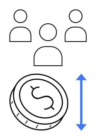 Three person icons above large dollar coin, blue vertical arrow next to coin indicates direction. Ideal for finance, growth strategy, earnings, decisions, team effort, business goals, line metaphorのイラスト素材