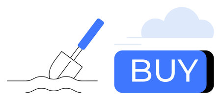 Gardening shovel digging soil next to a large BUY button under a cloud, symbolizing digital and physical purchase options. Ideal for e-commerce, gardening, technology, shopping, cloud servicesのイラスト素材