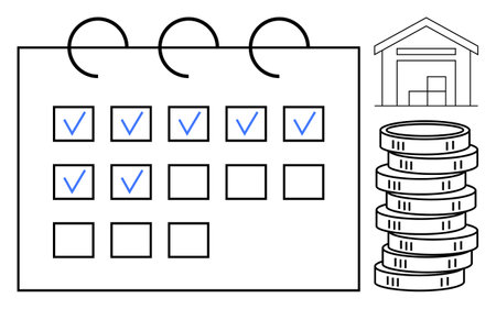 Calendar with checked tasks, stacked coins, and warehouse. Ideal for finance, budgeting, planning, productivity, inventory savings organization. Clean flat simple metaphorのイラスト素材