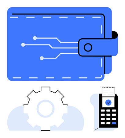 Digital wallet with circuits symbolizing technology, gear for settings, payment terminal with receipt. Ideal for fintech, e-payments, security, innovation, automation technology and economy. Flatのイラスト素材