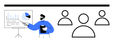 Professional presenting analytics with charts on a display board to a group. Ideal for leadership, teamwork, data sharing, strategy, collaboration, brainstorming, abstract line flat metaphorのイラスト素材