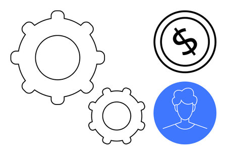 Gear mechanism, dollar icon, and user profile outline highlight themes of teamwork, innovation, and financial success. Ideal for business, finance, teamwork, process optimization user focusのイラスト素材
