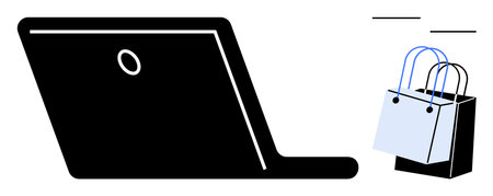 Laptop open alongside shopping bags emphasizes e-commerce, digital transactions, and consumer convenience. Ideal for online shopping, digital marketing, retail sales, technology usage, ecommerceのイラスト素材