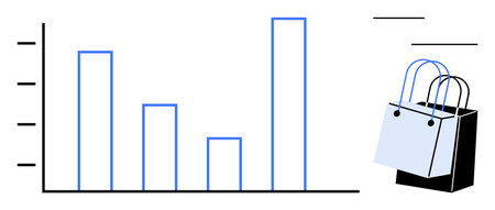 Bar chart depicting varying data points with two shopping bags indicating retail analysis. Ideal for retail trends, market analysis, consumer behavior, sales performance, business growth, statisticsのイラスト素材
