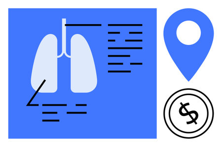 Anatomical lungs diagram with detailed annotations, location marker, and dollar symbol. Ideal for healthcare, diagnostics, research, finance, medical data, location services flat simple metaphorのイラスト素材