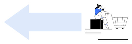 Woman in casual attire on a box using a smartphone near a shopping cart. Ideal for online shopping, e-commerce, digital consumer behavior, marketing trends, technology usage, modern lifestyleのイラスト素材