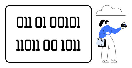 Woman in blue holding a planet, standing beside a display of binary code. Ideal for technology, coding, data science, future, innovation, education digital transformation. Abstract line flatのイラスト素材