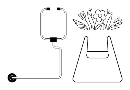 Minimalist black and white illustration of a roller cart and a reusable shopping bag filled with flowers. Ideal for sustainability, green living, eco-friendly practices, shopping efficiencyのイラスト素材