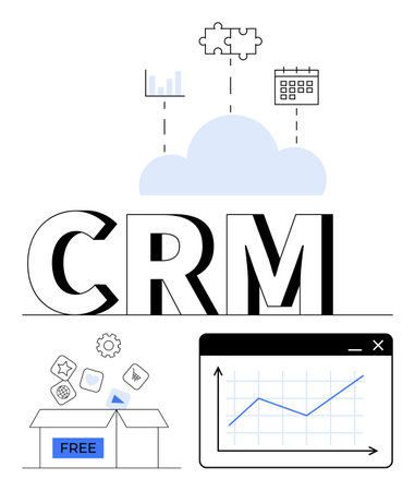 Cloud integration above CRM text, tools, analytics, free trial, growth chart window. Ideal for business management, analytics, software marketing, growth technology strategy flat simple metaphorのイラスト素材