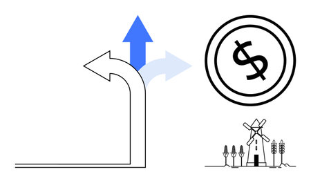 Diverging arrows highlight decisions dollar sign symbolizes economy windmill and crops represent renewable energy and agriculture. Ideal for sustainability, business planning, green economyのイラスト素材