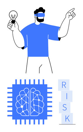 Person with VR goggles holding a lightbulb, circuitry brainchip design, and stacked RISK blocks. Ideal for AI, technology, innovation, creativity, problem-solving, risk analysis abstract line flatのイラスト素材