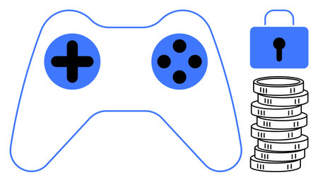 Game controller, stack of coins, and padlock represent gaming, in-app purchases, and security. Ideal for gaming economy, cybersecurity, digital payments, privacy financial planning tech protectionのイラスト素材