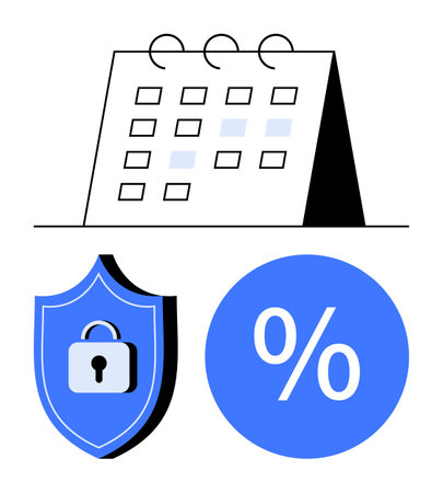 Calendar indicating dates, shield with lock symbolizing security, and a percentage symbol. Ideal for scheduling, security, finance, planning, confidentiality interest rates productivity. Abstractのイラスト素材